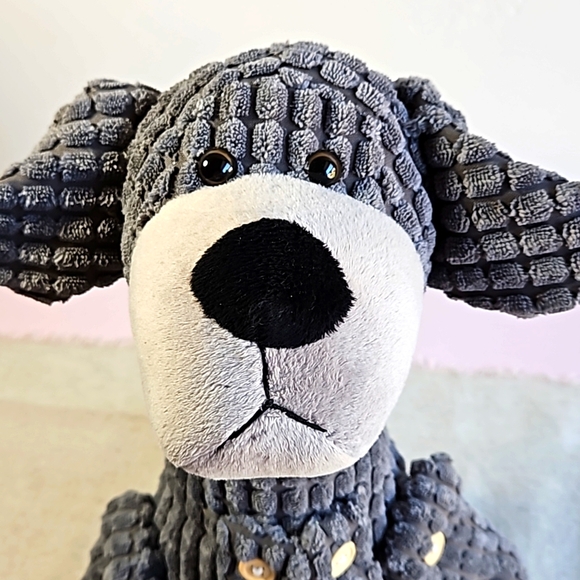 BEVERLY HILLS Teddy Bear Co. Plush Gray Toy Dog 12" Ribbed Doorstop Shelf Sitter - Picture 7 of 8